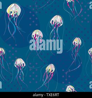 Hand drawn medusa vector seamless pattern. Jellyfish ocean abstract background. Sea jelly texture in modern style for surface design, textile, wrappin Stock Vector