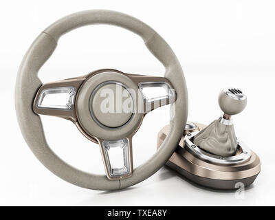 Generic steering wheel and gearbox isolated on white background. 3D illustration. Stock Photo