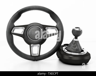 Generic steering wheel and gearbox isolated on white background. 3D illustration. Stock Photo