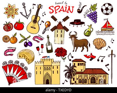 Spanish traditional symbols and objects. Set of signs and icons in vintage style. Hand Drawn. Guitar, futbol, music and wine. Stock Vector