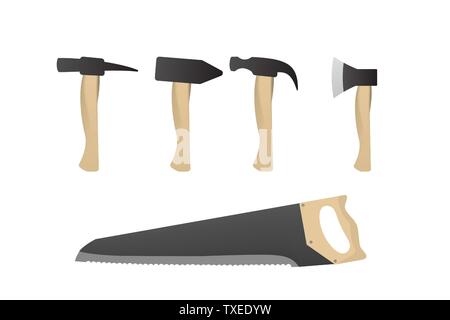 Hammer, axe and hand saw. Vector illustration. Work tools. Stock Vector