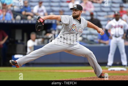 Miami Marlins relief pitcher Mike Dunn delivers to the Atlanta Braves during the ninth inning at Turner Field in Atlanta, April 15, 2015. Photo by David Tulis/UPI Stock Photo