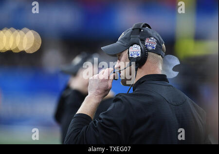 University of Central Florida Knights head coach Scott Frost works the sidelines against Auburn University during the Chick-fil-A Peach Bowl NCAA football game at the Mercedes-Benz Stadium in Atlanta on January 1, 2018. Front accepted a coaching position at the University of Nebraska. Photo by David Tulis/UPI Stock Photo