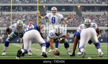 Dallas Cowboys Tony Romo calls a play against the Buffalo Bills during the first half at Cowboys Stadium in Arlington, Texas on November 13, 2011. UPI/Ian Halperin Stock Photo