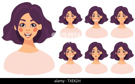 A set of different female emotions. The head of a young girl with dark hair and different emotions on her face. Avatar girl. Cartoon style, flat design vector illustration. Stock Vector
