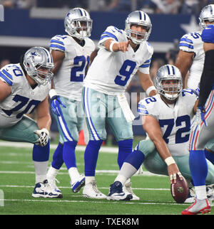 Dallas Cowboys Tony Romo calls out blocking assignments to his linemen during the first half against the New York Giants at AT&T Stadium on September 13, 2015 in Arlington, Texas.  UPI/Ian Halperin Stock Photo