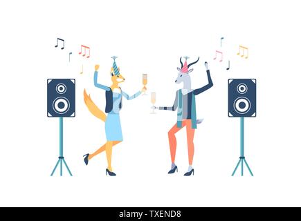Office corporate disco party vector illustration. Colleagues flat characters on dancefloor. Office workers drinking champagne and dancing. People celebrating birthday, holidays at workplace Stock Vector