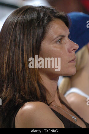 Mia Hamm, wife of Los Angeles Dodgers first baseman Nomar Garciaparra,  watches from the stands as