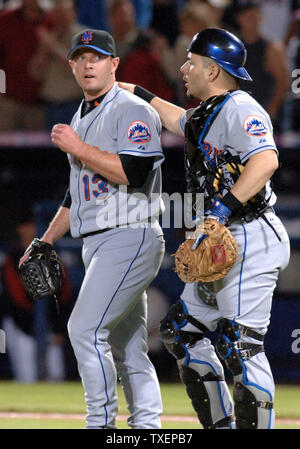 New York Mets closing pitcher Billy Wagner (13) and catcher Paul LoDuca celebrate their 7-4 win over the Atlanta Braves at Turner Field in Atlanta,  September 28, 2006. (UPI Photo/John Dickerson) Stock Photo