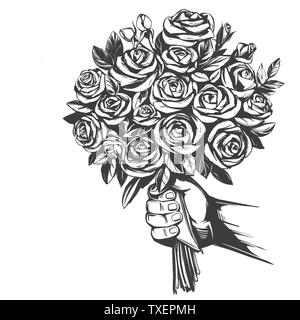 hand gives a bouquet of roses, greeting card hand drawn vector illustration realistic sketch Stock Vector