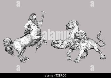 Monster illustration. Multi headed dog Cerberus and Centaur comparison. Fantasy drawing. Stock Photo
