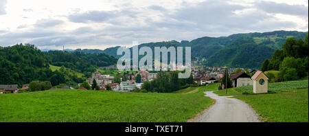 Zagorje ob Savi, city landscape panorama Green valley with small town Zagorje ob Savi Stock Photo