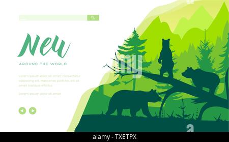 Forest wildlife landing page template. Bears web banner layout design. Grizzly silhouettes in woods minimalistic illustration. Wild carnivore animals website homepage. Nature exploration Stock Vector