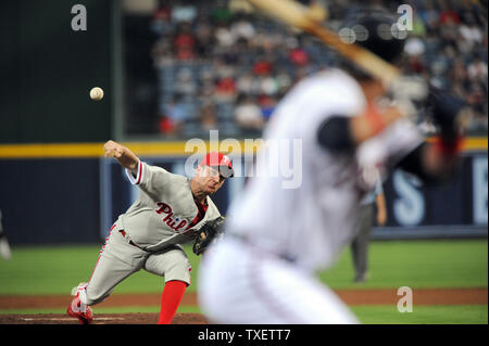 Philadelphia Phillies starting pitcher Roy Oswalt delivers to an Atlanta Braves batter in the 1st inning of a MLB baseball game at Turner Field in Atlanta, Georgia, on September 27, 2011.   UPI Photo/Erik S. Lesser Stock Photo