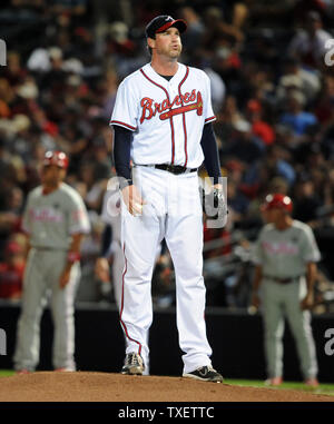 Atlanta Braves starting pitcher Derek Lowe catches his breath in between Philadelphia Phillies batters in the fourth inning of a MLB baseball game at Turner Field in Atlanta, Georgia, on September 27, 2011.   UPI Photo/Erik S. Lesser Stock Photo