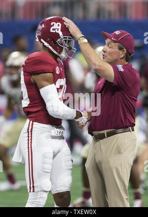 Florida State head coach Jimbo Fisher talks with Alabama defensive back Minkah Fitzpatrick before the Chick-fil-A Kickoff game at the new Mercedes-Benz Stadium in Atlanta, Georgia on September 2, 2017. Photo by Mark Wallheiser/UPI Stock Photo