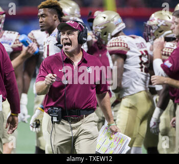 Florida State head coach Jimbo Fisher reacts to a call in the first half of the Chick-fil-A Kickoff game against Alabama at the new Mercedes-Benz Stadium in Atlanta, Georgia on September 2, 2017.   Photo by Mark Wallheiser/UPI Stock Photo