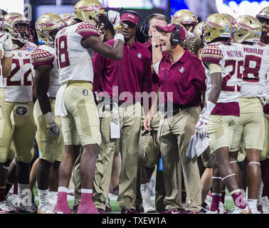 Florida State head coach Jimbo Fisher talks Auden Tate during the first half of the Chick-fil-A Kickoff game against Alabama at the new Mercedes-Benz Stadium in Atlanta, Georgia on September 2, 2017.   Photo by Mark Wallheiser/UPI Stock Photo