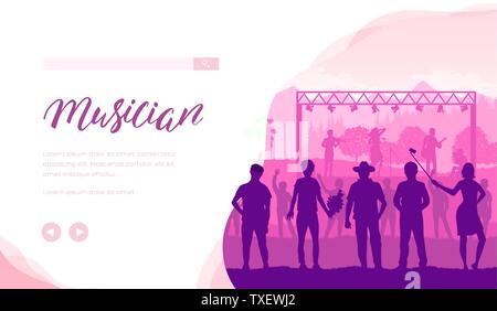 Musician vector landing page template. Country music festival web banner layout design. Blues singers performing on stage. Live folk rock concert. Audience silhouettes flat minimalistic illustration Stock Vector