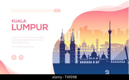 Kuala Lumpur vector landing page template. Trip to Malaysia web banner layout design. Asia excursion. Cityscape minimalistic landscape illustration. Ancient and modern landmarks silhouettes Stock Vector