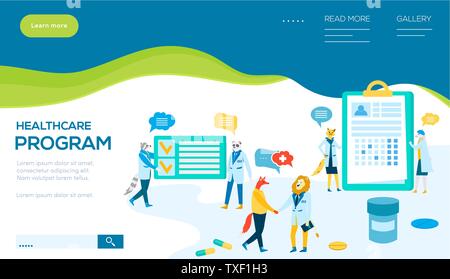 Healthcare program vector landing page template. Medical researches, innovations web banner layout design. Animal metaphors for doctors and patients flat characters. Hospital, clinic Stock Vector