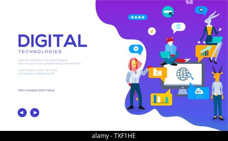 Digital technologies vector landing page template. SMM, SEO, Internet marketing web banner design. Programmers flat characters developing app. Animal metaphors for analysts, brokers, investors Stock Vector