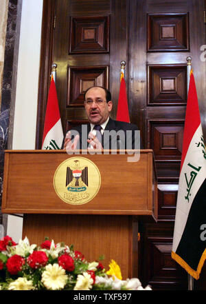 Iraqi Prime Minister Nouri al-Maliki speaks inside the former palace of ousted dictator Saddam Hussein, the Republican Palace, inside the Green Zone in Baghdad during a handover ceremony of the Green Zone from U.S forces to Iraqi authorities in Baghdad on January 1, 2009.  Iraqi President Nouri al-Maliki said the handover symbolized the restoration of Iraqi sovereignty. (UPI photo/Ali Jasim) Stock Photo