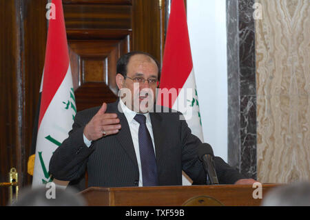 Iraqi Prime Minister Nouri al-Maliki speaks inside the former palace of ousted dictator Saddam Hussein, the Republican Palace, inside the Green Zone in Baghdad during a handover ceremony of the Green Zone from U.S forces to Iraqi authorities in Baghdad on January 1, 2009.  Iraqi President Nouri al-Maliki said the handover symbolized the restoration of Iraqi sovereignty. (UPI photo/Ali Jasim) Stock Photo