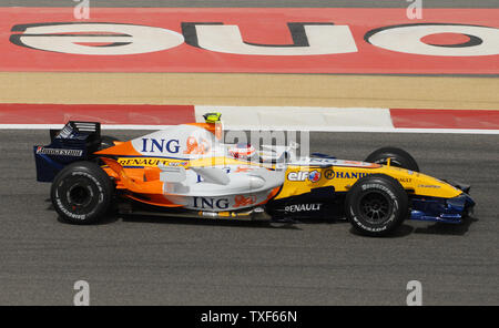 Renault's Formula One driver Heikki Kovalainen  during the first day of practice in Bahrain on Friday April 13, 2007. The Bahrain Grand Prix will be held on Sunday April 15 and will feature 11 teams and 22 drivers. (UPI Photo/Norbert Schiller) Stock Photo
