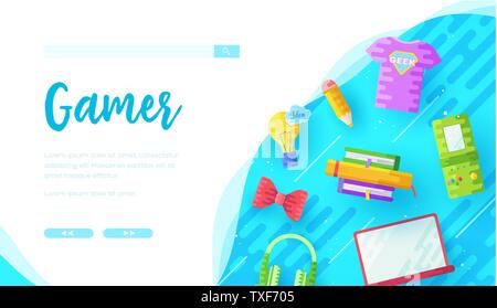 Games online store landing page template. Leisure activity, pastime for teenager web banner design. Retro consoles, gaming laptops Internet shop website layout. Gamers entertainment Stock Vector