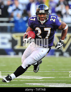 Baltimore Ravens' running back Ray Rice runs against the Indianapolis Colts at M&T Bank Stadium in Baltimore, Maryland on November 22, 2009.   UPI/Kevin Dietsch Stock Photo