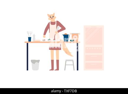 Woman cooking dessert vector illustration. Bakery poster concept. Girl flat character baking cupcakes isolated clipart. Housewife making breakfast design element. Cat animal metaphor for wife Stock Vector