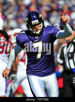 Baltimore Ravens' kicker Billy Cundiff celebrates after kicking a 26-yard fieldgoal during the second quarter against the Arizona Cardinals at M&T Bank Stadium in Baltimore on October 30, 2011.  UPI/Kevin Dietsch Stock Photo