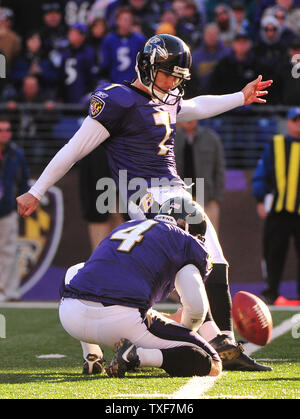 Baltimore Ravens' kicker Billy Cundiff kicks a game winning 25-yard fieldgoal during the fourth quarter against the Arizona Cardinals at M&T Bank Stadium in Baltimore on October 30, 2011.  UPI/Kevin Dietsch Stock Photo