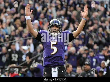 Baltimore Ravens Joe Flacco reacts with Vonta Leach after throwing a 3 yard  touchdown pass in the fourth quarter against the New England Patriots in  the AFC Championship Game at Gillette Stadium