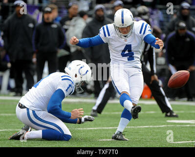 Indianapolis Colts kicker Adam Vinatieri kicks a 47-yard field goal during the second quarter at M&T Bank Stadium during the AFC Wild Card round in Baltimore, Maryland on January 6, 2013. UPI/Kevin Dietsch Stock Photo