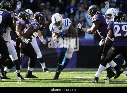 Indianapolis Colts running back Vick Ballard runs against the Baltimroe Ravens during the second quarter at M&T Bank Stadium during the AFC Wild Card round in Baltimore, Maryland on January 6, 2013. UPI/Kevin Dietsch Stock Photo