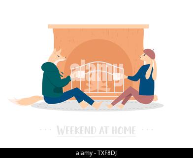Weekend at home vector poster concept. Couple cartoon characters sitting near fireplace. Boyfriend and girlfriend drinking hot tea, coffee flat illustration. Animal metaphors for humans Stock Vector