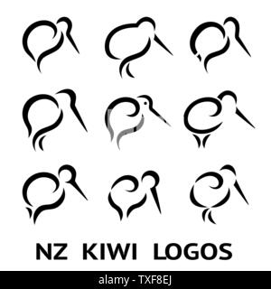 New Zealand Kiwi Bird Logo or tattoo with Maori Style Koru icon Design grouped Stock Vector