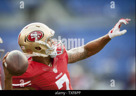 San Francisco 49ers quarterback Colin Kaepernick warms up before their first pre-season game against the Baltimore Ravens at M&T Bank Stadium on August 7, 2014 in Baltimore, Maryland. UPI/Pete Marovich Stock Photo