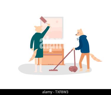 Fox couple doing household chores vector illustration. Husband using vacuum cleaner isolated clipart. Housewife wiping dust design element. Animal metaphor for boyfriend and girlfriend flat characters Stock Vector