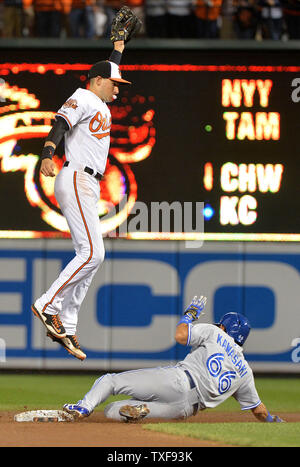 Baltimore Orioles' Adam Jones (L) and Manny Machado score against the Texas  Rangers on a double by Jonathan Schoop during the first inning at Camden  Yards in Baltimore, July 18, 2017. Photo