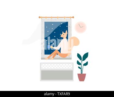 Woman spending weekend at home vector illustration. Flat character sitting on window still at night. Dreaming, loneliness poster concept. Humanized squirrel drinking tea. Animal metaphor for introvert Stock Vector