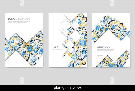 Mandala ornament vector posters templates set. Business presentation, web banners layouts pack. Postcards, invitation cards collection in Indian style. Greeting cards with abstract, floral pattern Stock Vector