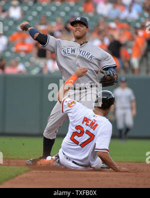 New York Yankees second baseman Starlin Castro (14) forces out Baltimore Orioles catcher Francisco Pena (27) in the  third inning at Orioles Park at Camden Yards in Baltimore, Maryland on June 5, 2016. Photo by Kevin Dietsch/UPI Stock Photo
