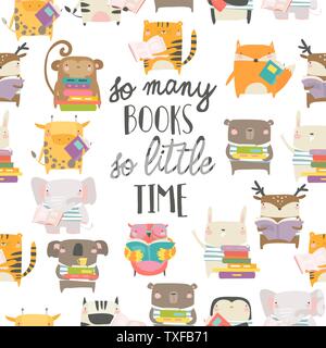Seamless pattern with cute animals reading books on white background Stock Vector