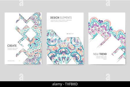 Web banners with psychedelic floral pattern templates set. Festival, celebration invitation vector posters pack. Multicolor doodle drawings. Modern greeting cards in oriental style. Mandala ornament Stock Vector