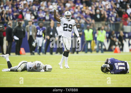 Oakland Raiders cornerback David Amerson starts to celebrate a win as the Raiders stop the Ravens with time running out in the fourth quarter at M&T Bank Stadium in Baltimore, Maryland on October 2, 2016. The Raiders won the game 28-27.      Photo by Pete Marovich/UPI Stock Photo