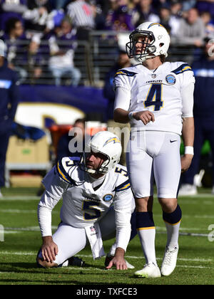 Los Angeles Chargers kicker Mike Badgley (4) kicks a 53-yard field goal against the Baltimore Ravens during the first half of an NFL Wild Card playoff game at M&T Bank Stadium in Baltimore, Maryland, January 6, 2019.   Photo by David Tulis/UPI Stock Photo