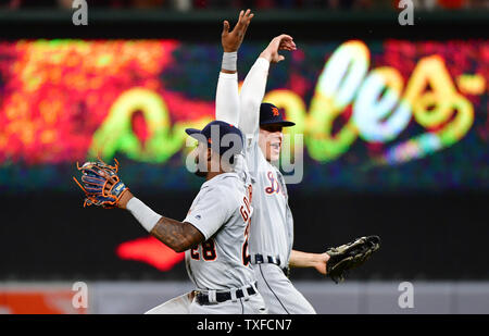 Detroit Tigers center fielder JaCoby Jones greets teammates after their ...